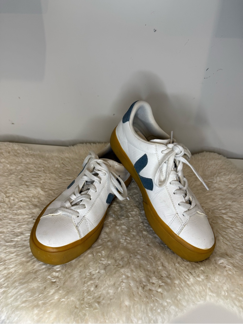 Women’s Veja White Leather Sneakers with Blue Accents and Gum Sole size 39